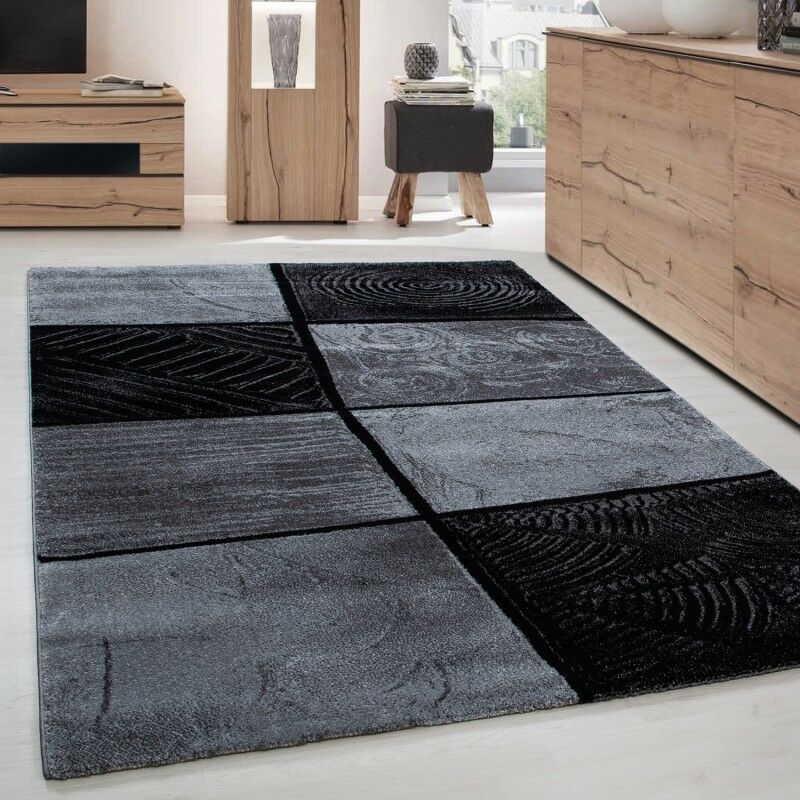 Short pile carpet design contour cut checkered gray black mottled