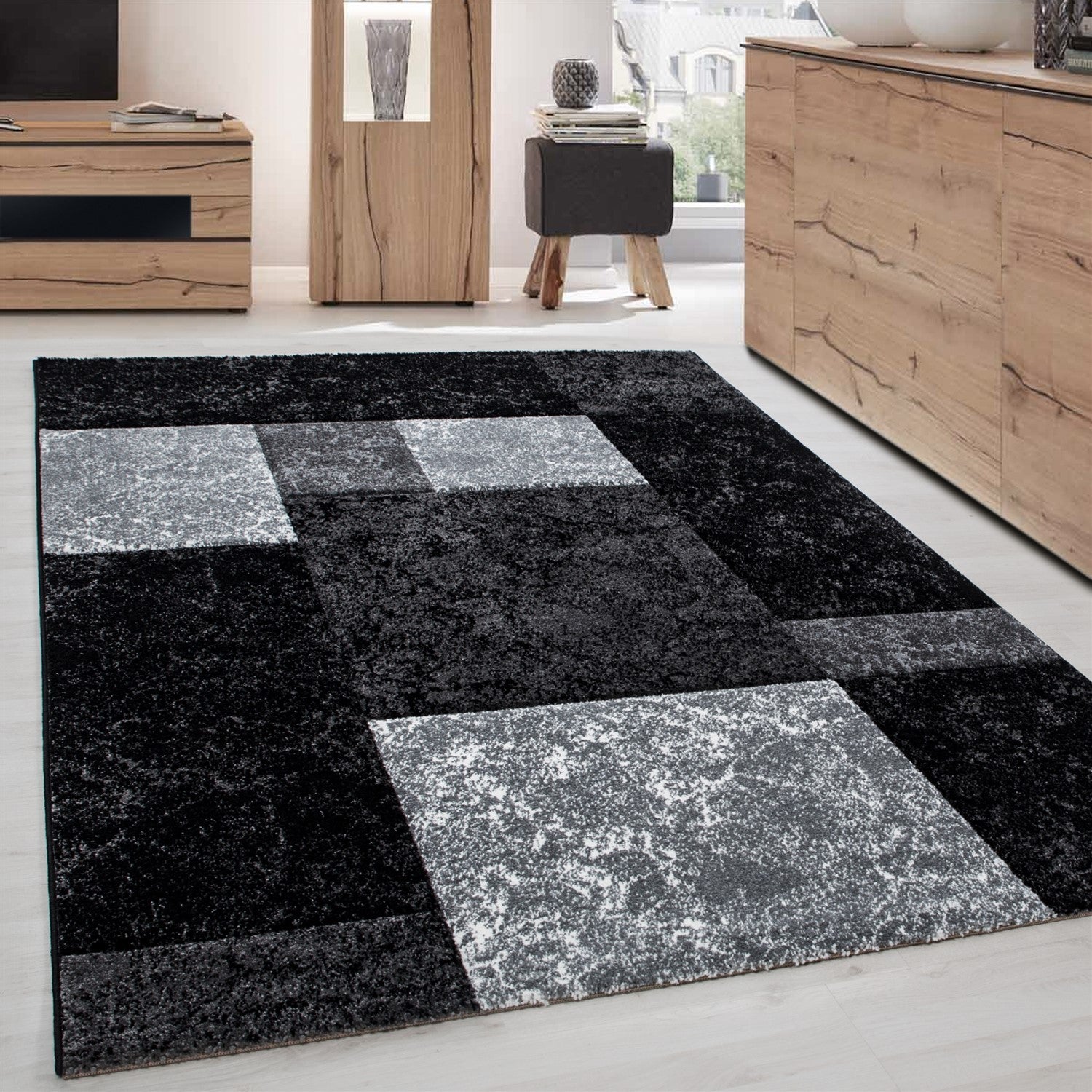 Designer Wohnzimmer Teppich Kurzflor Modern Kariert Design Soft Konturenschnitt