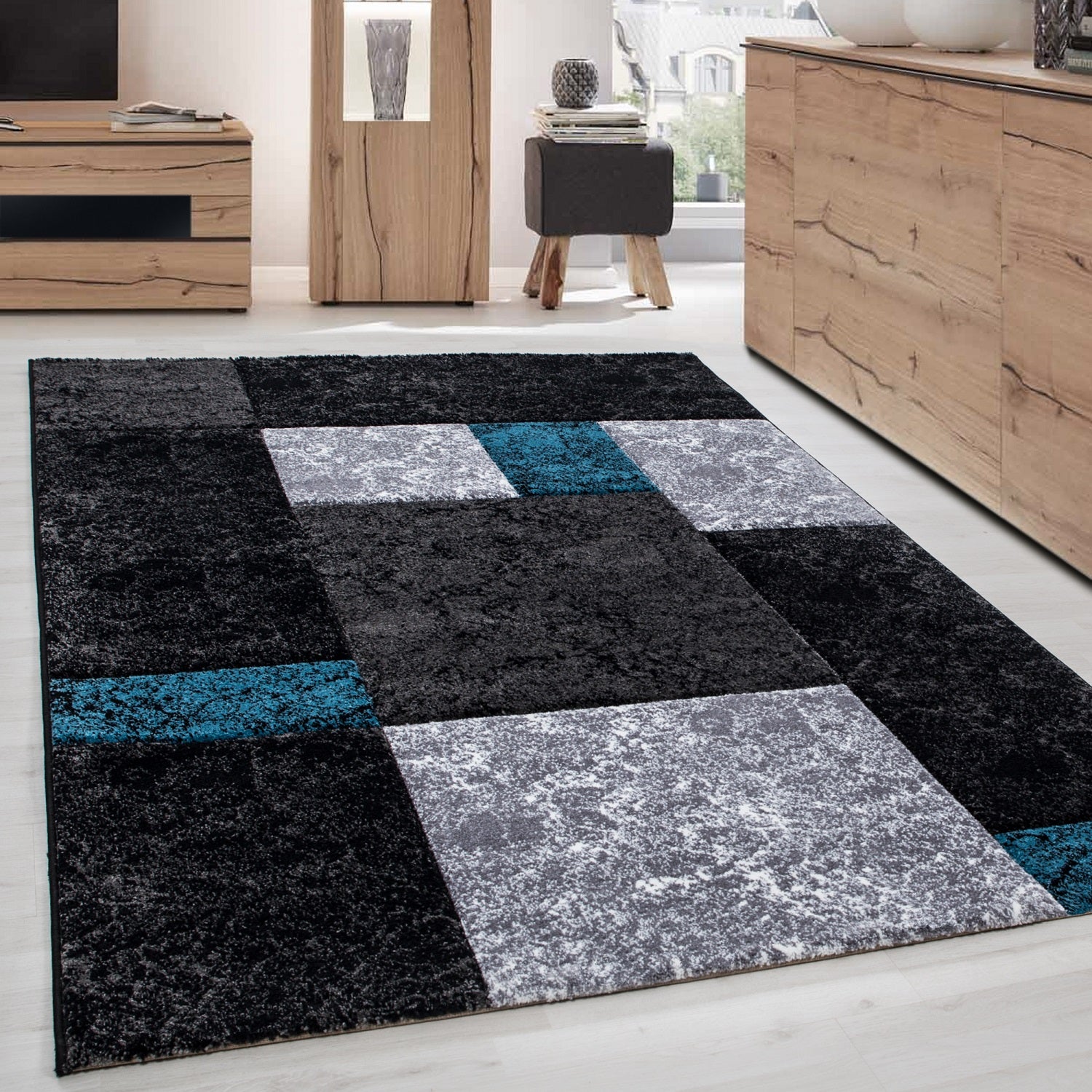 Designer Wohnzimmer Teppich Kurzflor Modern Kariert Design Soft Konturenschnitt