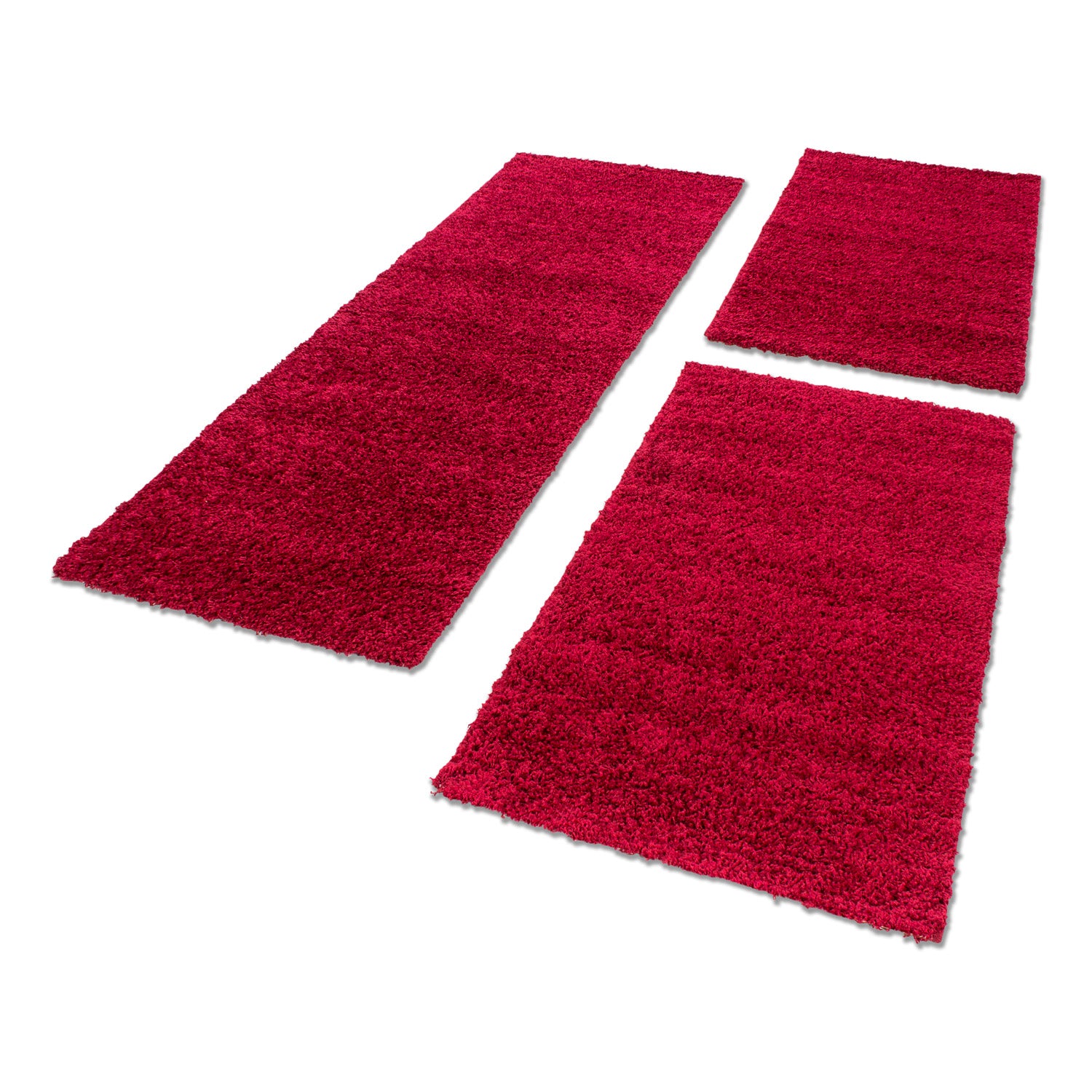 Tour de lit Shaggy tapis coureur ensemble uni 3 pièces à poils longs couleur rouge uni