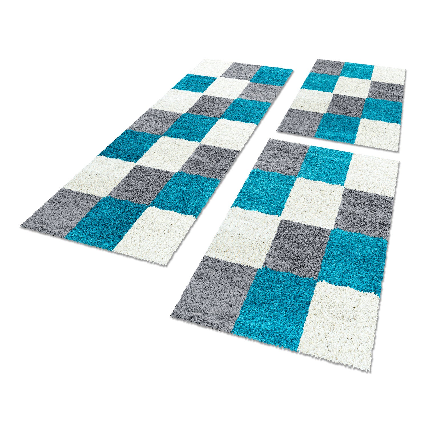 Bordure de lit tapis à poils longs set de 3 pièces motif à carreaux gris turquoise crème