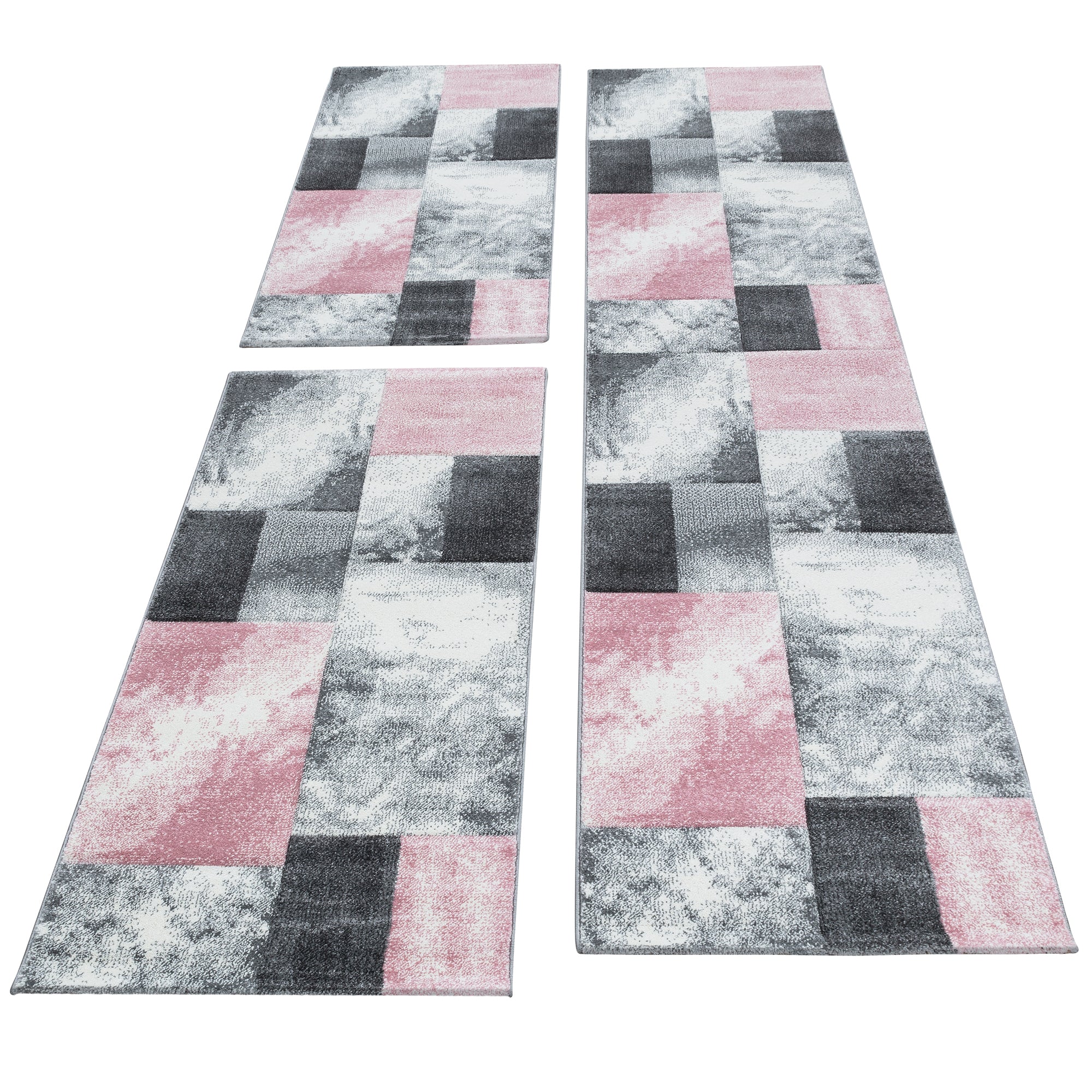 Ensemble de tapis à poils courts, bordure de lit, 3 pièces, motif carrelage, rose, gris chiné