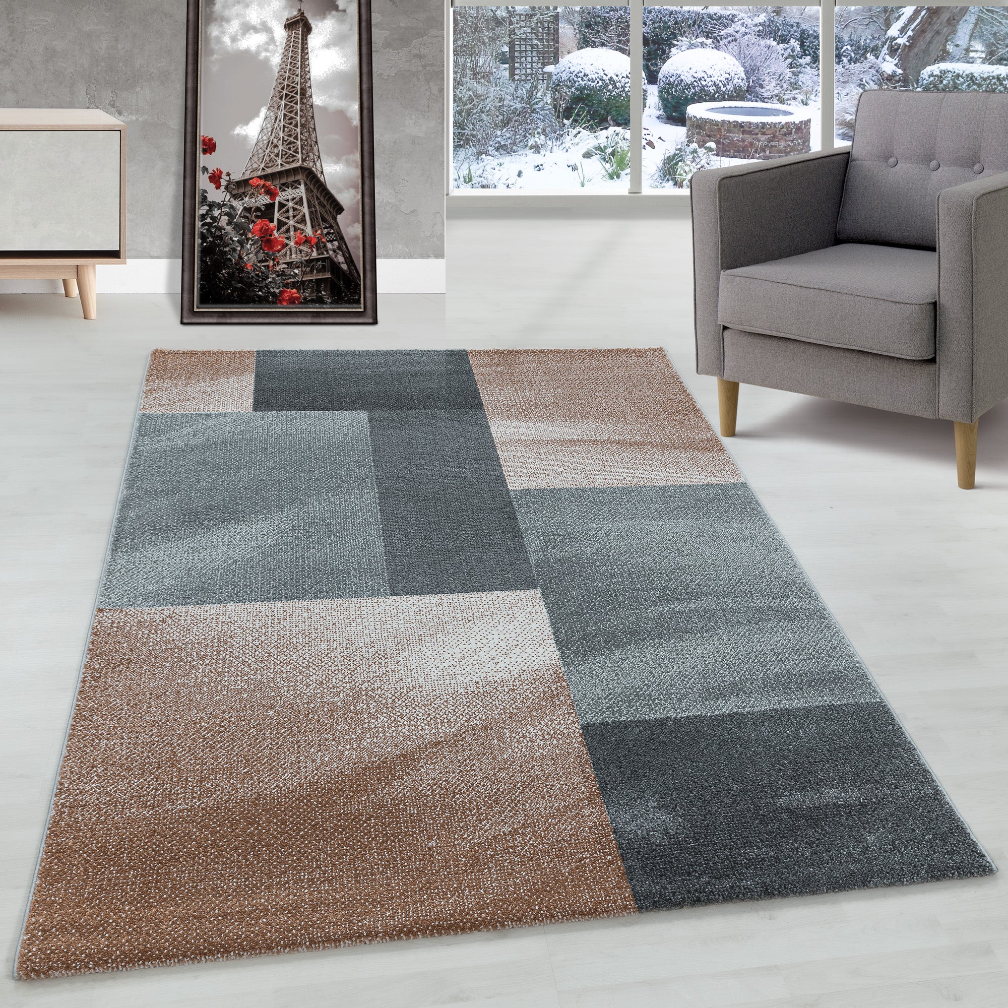 Designer Short Pile Rug Abstract Checked Design Modern Carpet Living Room