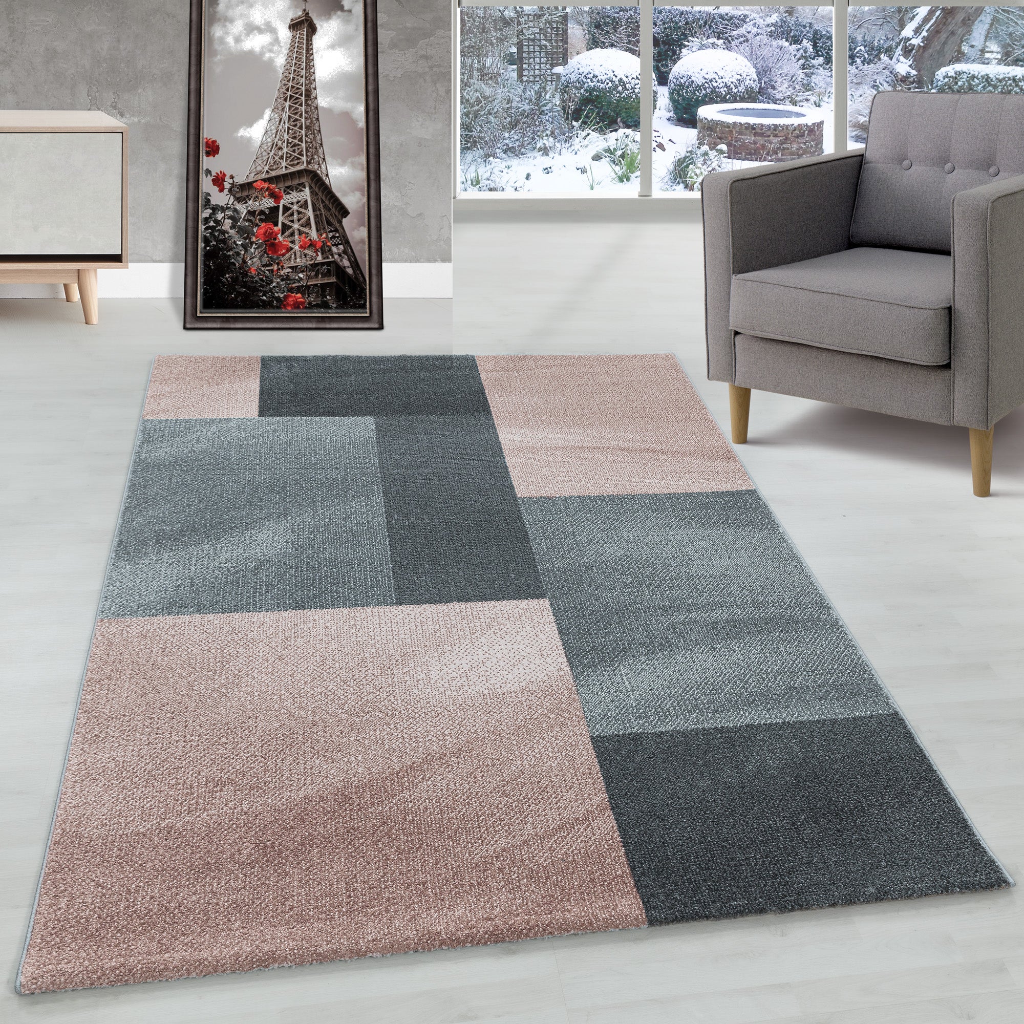 Designer Short Pile Rug Abstract Checked Design Modern Carpet Living Room