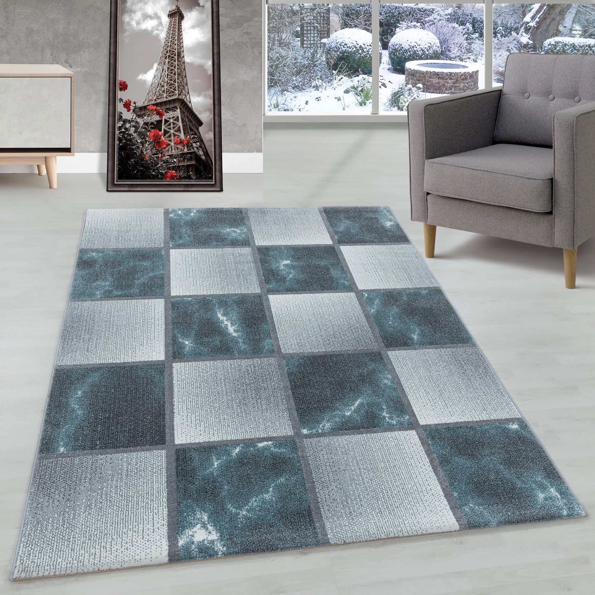 Modern Designer Living Room Rug Soft Short Pile Checked Design Robust