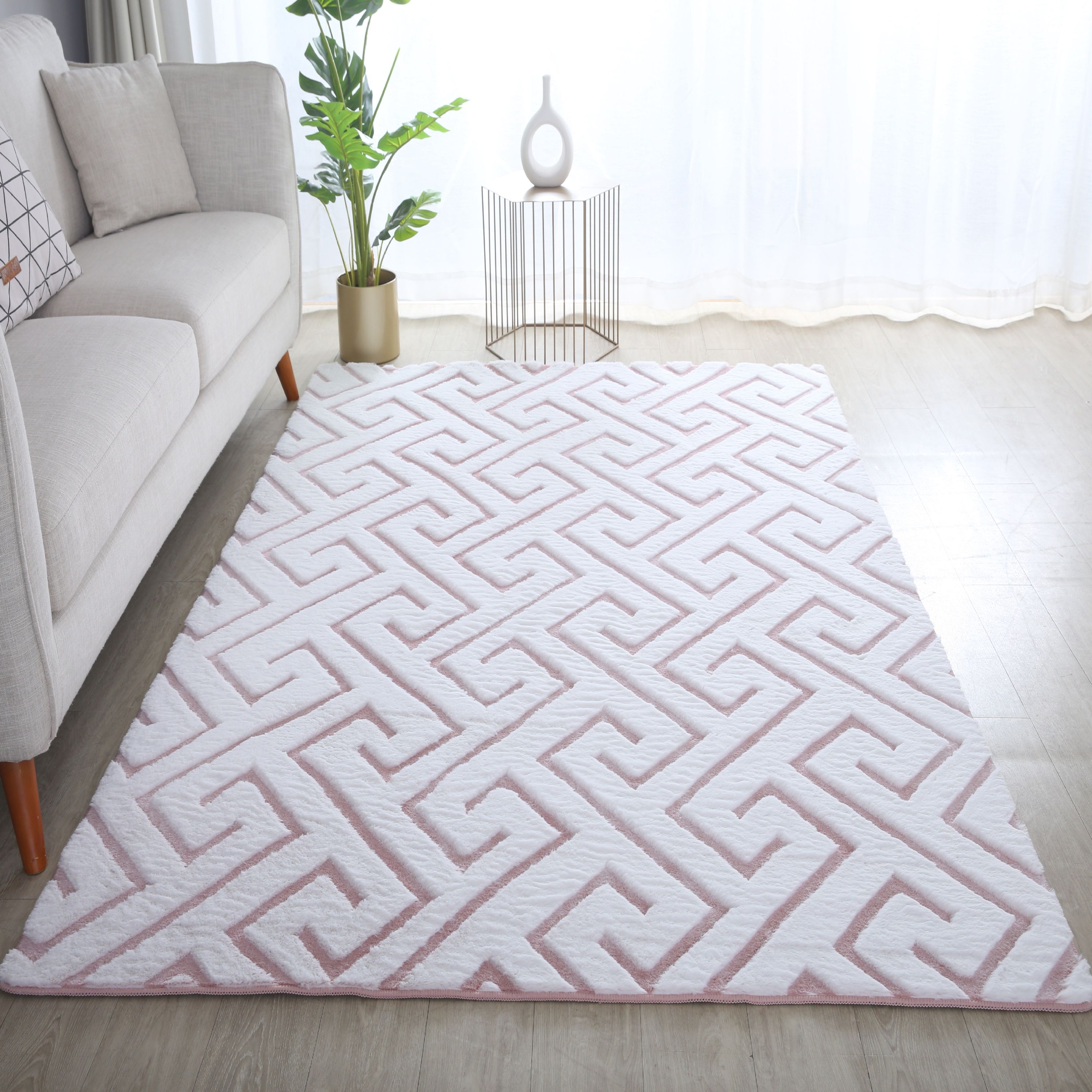 Tapis salon effet 3D design scandinave aspect fourrure douce