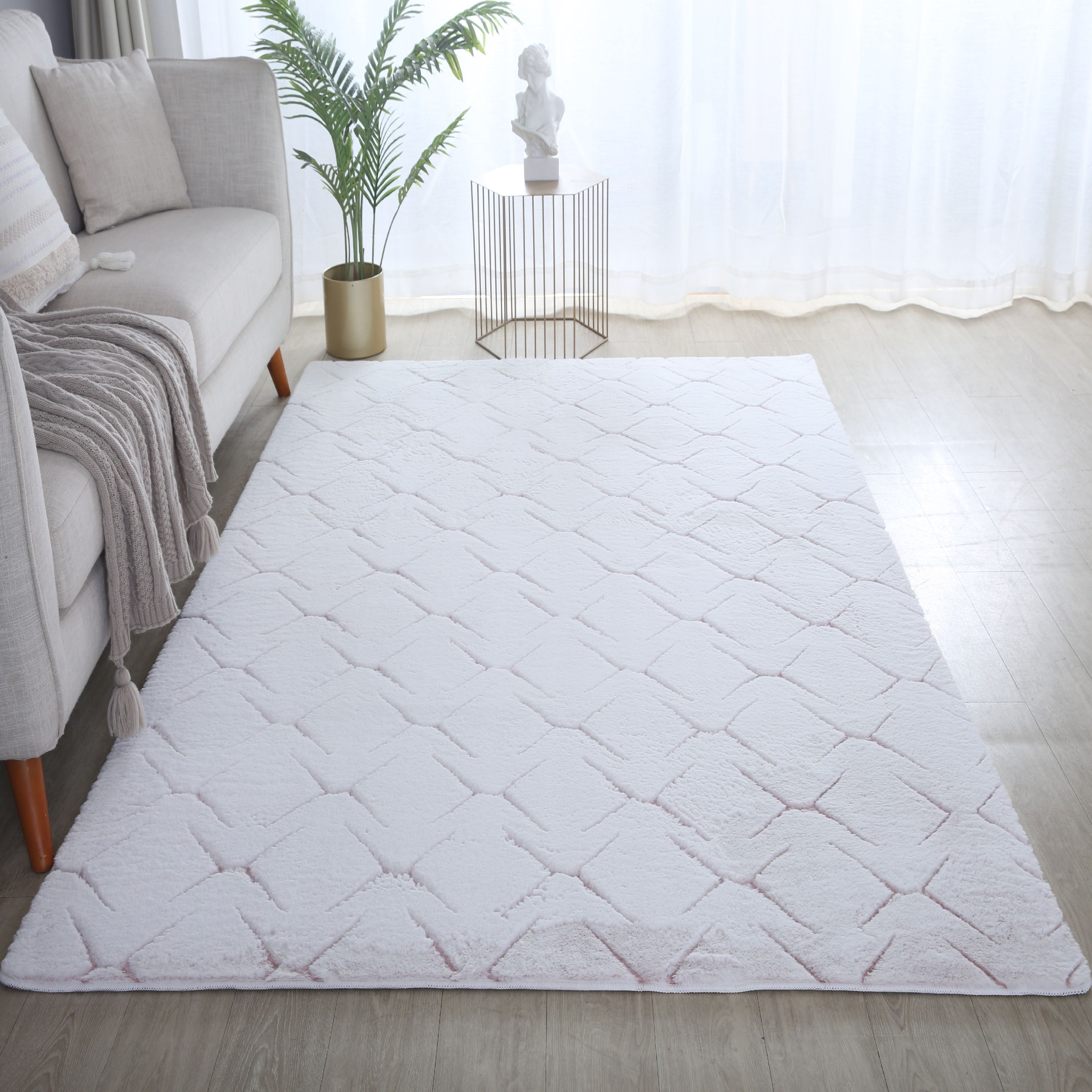 Tapis salon effet 3D design scandinave aspect fourrure douce