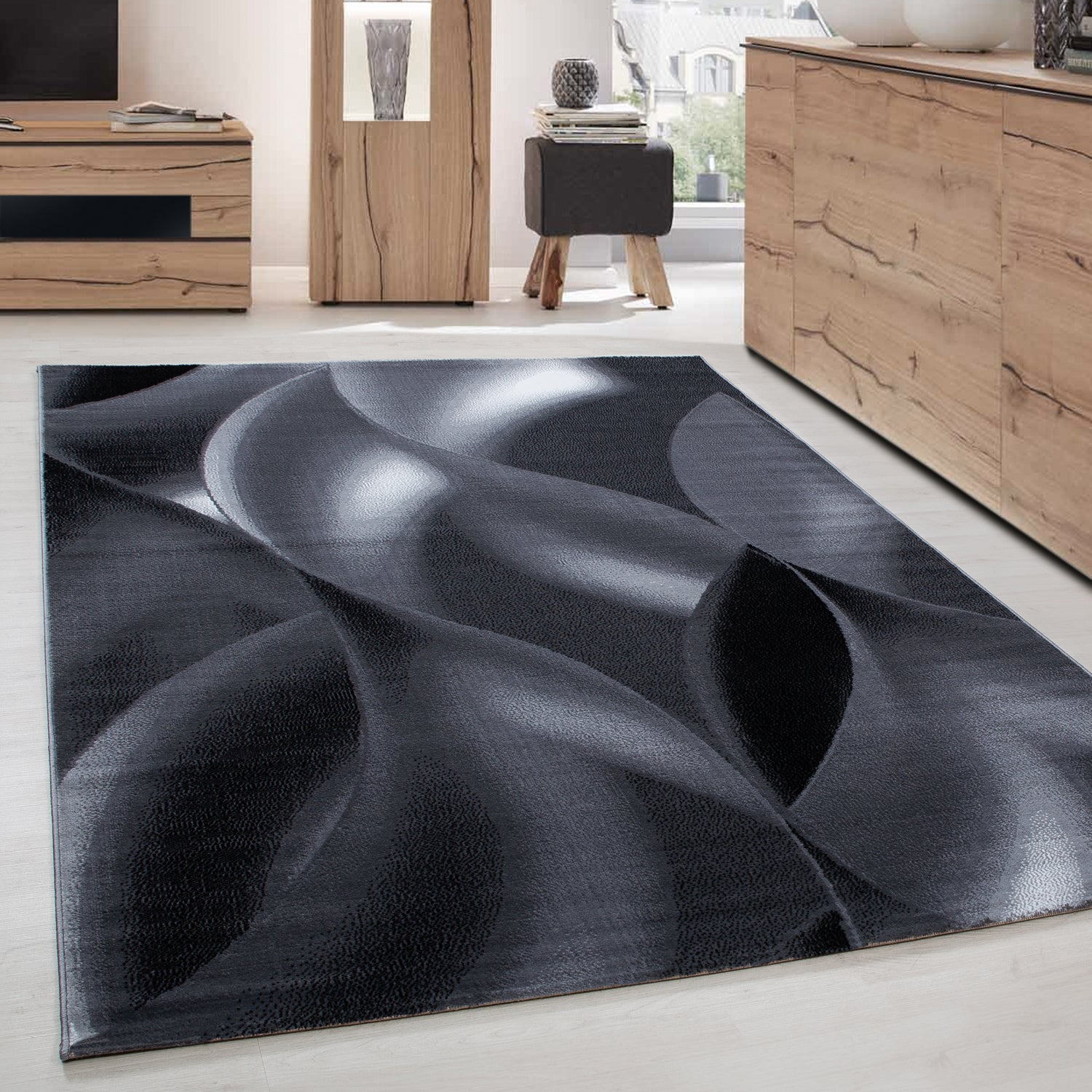 Modern short pile rug for living room, abstract wave design, easy to care for