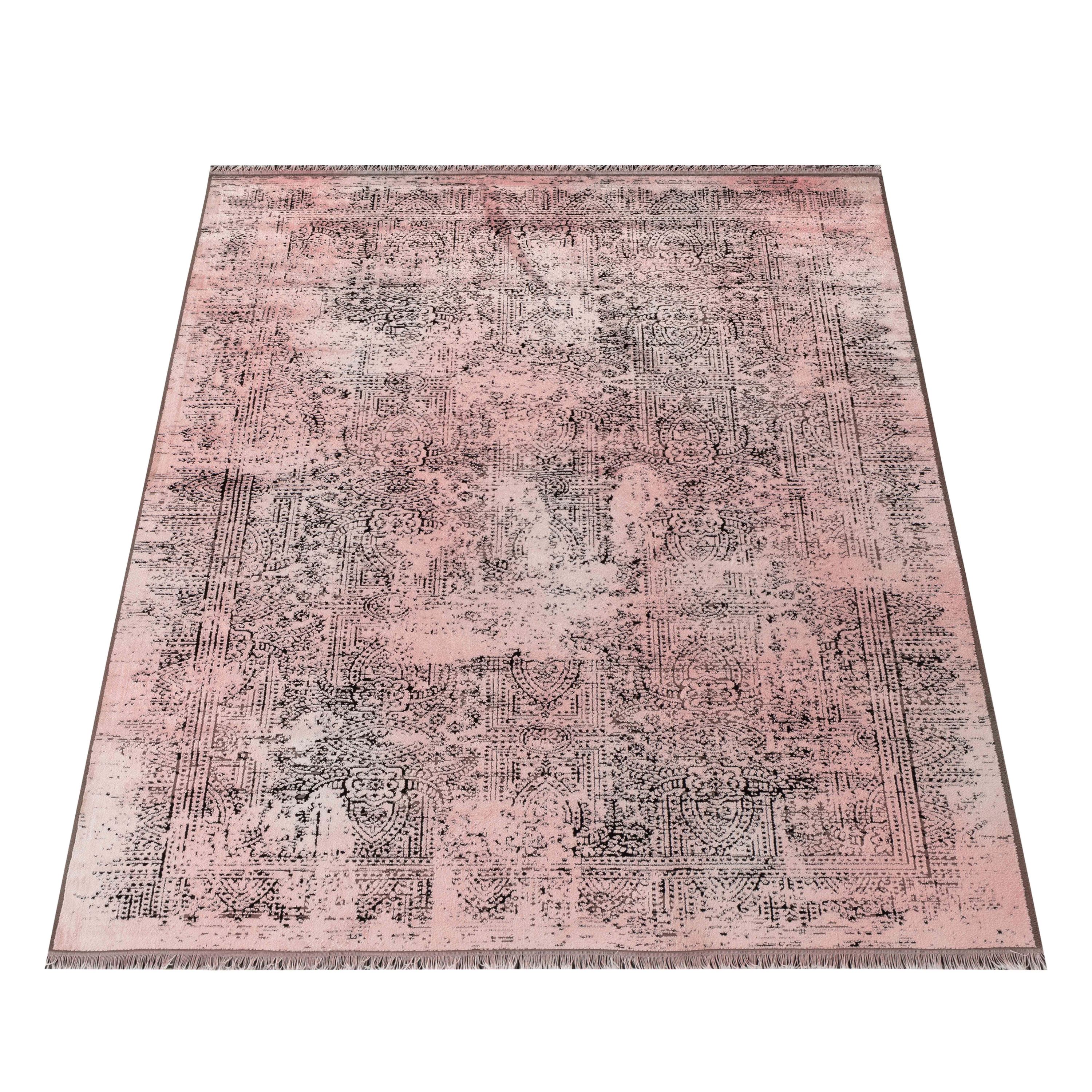 Tapis fin à poils courts, design vintage, aspect viscose, doux, pour salon