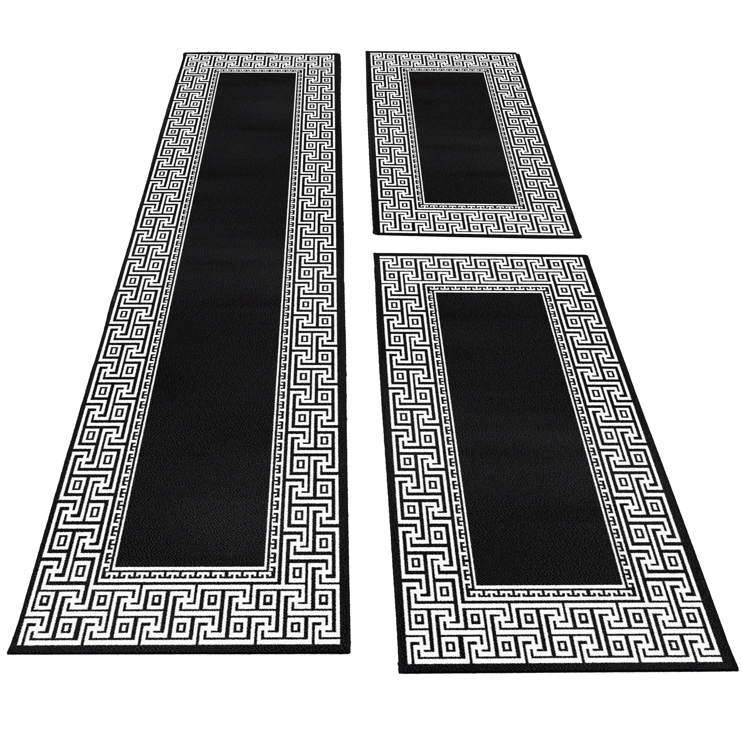 Bed border runner carpet meander look border pattern 3 pieces black grey